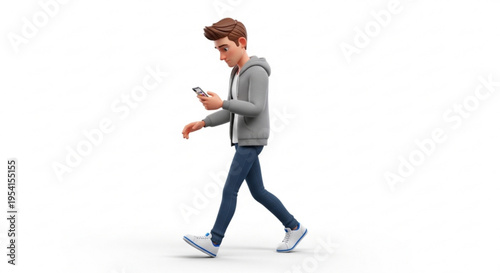 A young man walks while looking at his smartphone with a focused expression