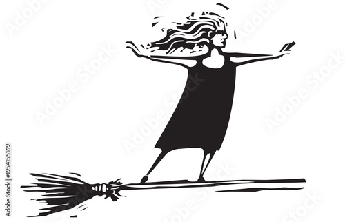 Woodcut expressionist style image of a witch on a broom
