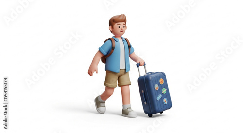 A cheerful cartoon boy walking with a suitcase and backpack on a white background