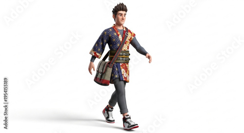 A young man walking in a colorful outfit with a bag slung over his shoulder