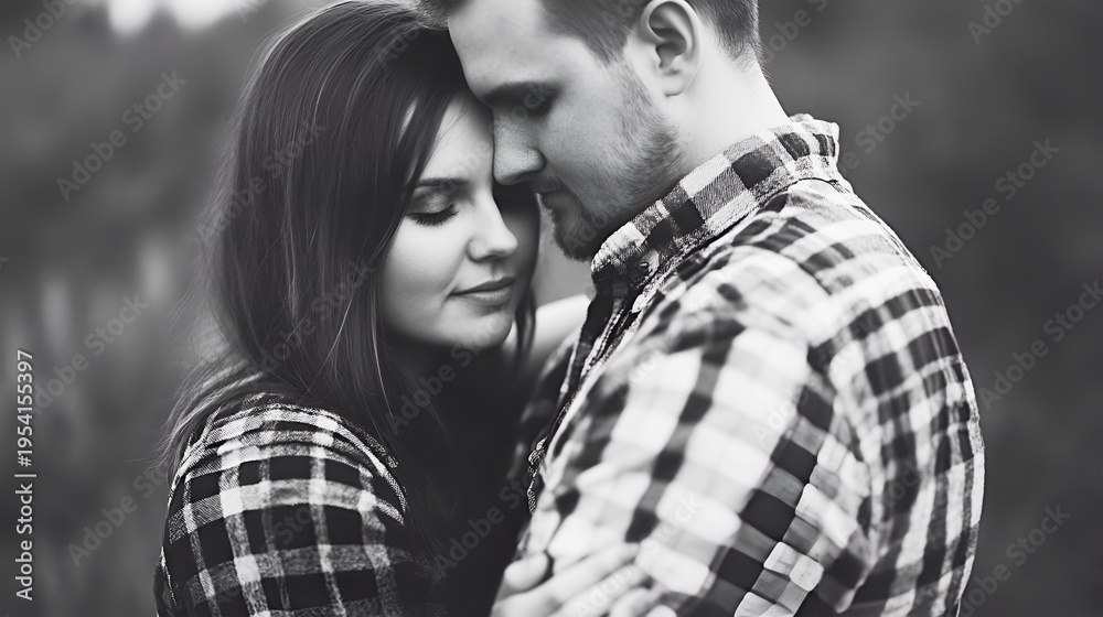 Fototapeta premium Couple embracing in a tender moment, wearing matching plaid shirts, surrounded by a soft, blurred natural background, capturing intimacy and connection in a romantic setting