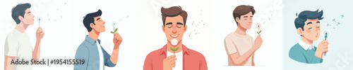 half body vector of a man blowing a dandelion flower in spring