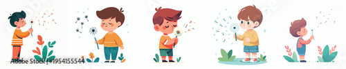 vector of a little boy blowing a dandelion flower in spring
