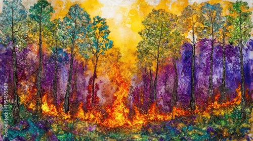 Vibrant artistic depiction of a forest engulfed in intense flames and destruction