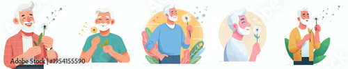 half body vector of a grandpa blowing a dandelion flower in spring