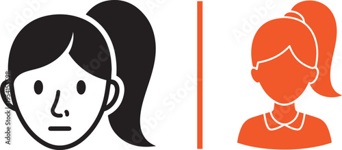 Vector icons of two girls with ponytails; a front-facing black line art face and an orange silhouette wearing a collared shirt, separated by a vertical line.
