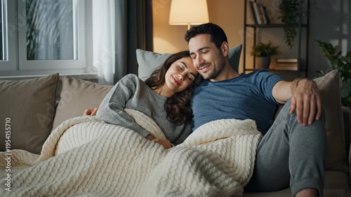 Cozy Couple Relaxing On Sofa At Home After Work.