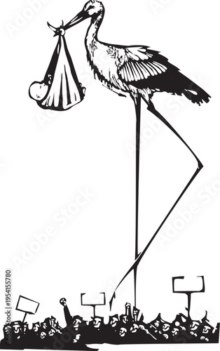 Woodcut expressionist style image of a Riot delivery Stork
