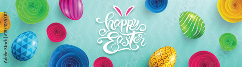 Easter Poster with paper flower and colorful Painted Easter Eggs.Easter eggs with different texture on white background.Promotion and shopping template for Easter Day.Vector illustration EPS10