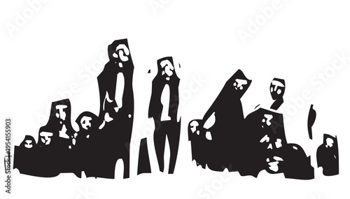 Woodcut expressionist style image of a Migrants Waiting in a Group