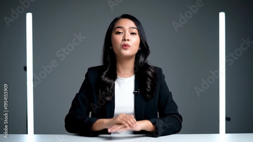 Female Presenter Speaks In Studio With Neon Light Bars.