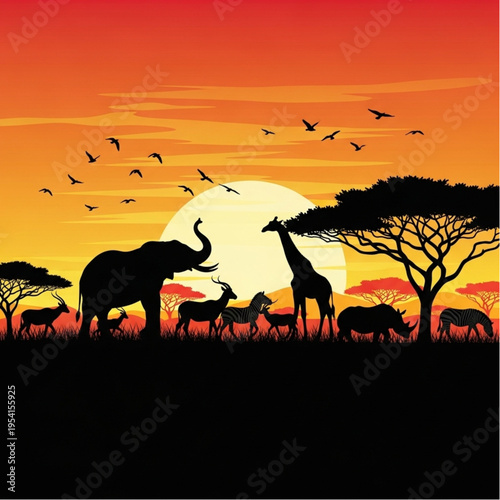 Wild Animals Silhouetted Against Sunset Landscape.