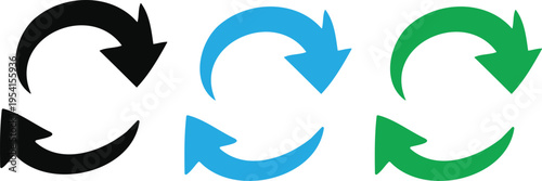 Set of circular refresh arrows in black blue and green on background