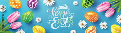 Happy Easter Poster and template with colorful Easter Eggs and flower on wood table background Handwriting inscription Easter Day. Promotion and shopping template for Easter Day.Vector EPS10
