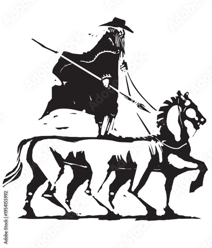 Woodcut expressionist style image of Odin Riding Sleipnir