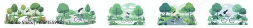 vector of woman cycling in the park during spring