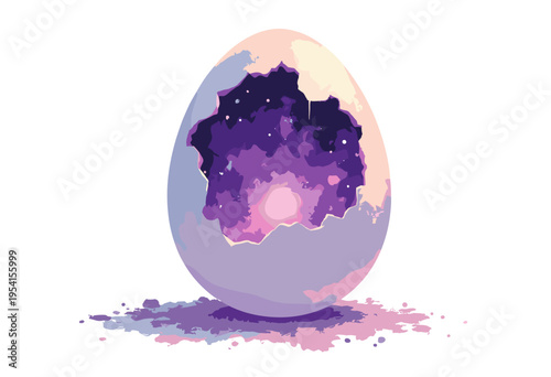abstract illustration perfectly cracked eggshell, but inside egg is glowing, swirling purple galaxy Infinite potential concept Surreal art style Clean white background Negative space