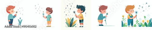 vector of a little boy blowing a dandelion flower in spring