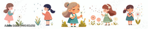 vector of a little girl blowing a dandelion flower in spring
