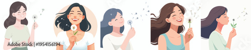 half body vector of a woman blowing a dandelion flower in spring