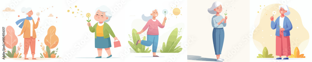 Obraz premium vector of a grandmother blowing a dandelion flower in spring
