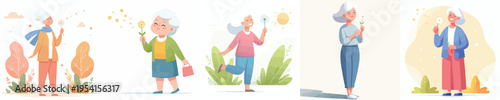vector of a grandmother blowing a dandelion flower in spring