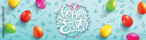 Happy Easter Day Poster with colorful Painted Easter Eggs and hand drawn elements.Handwriting inscription Happy Easter Day.Promotion and shopping template for Easter Day.Vector illustration EPS10