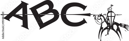 Woodcut expressionist style image of a Mounted Knight with Alphabet