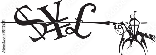 Woodcut expressionist style image of a Mounted Knight with Money