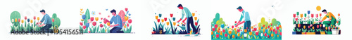vector of a man picking flowers in the garden during spring