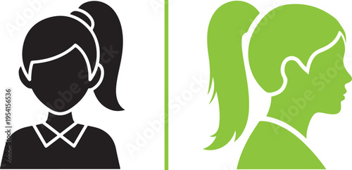 Vector silhouettes of two women with high ponytails. Left shows a black front-facing avatar with a collared shirt; right is a bright lime green side profile. Clean, modern, and minimalist design.
