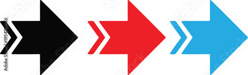 Trio of colorful directional arrows in black red and blue flat style