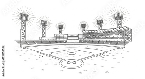Green Line Art Baseball Field with Stadium Lights
