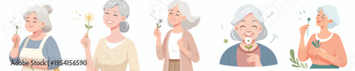half body vector of a grandma blowing a dandelion flower in spring