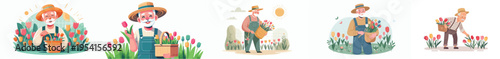 vector of a grandfather picking flowers in the garden during spring