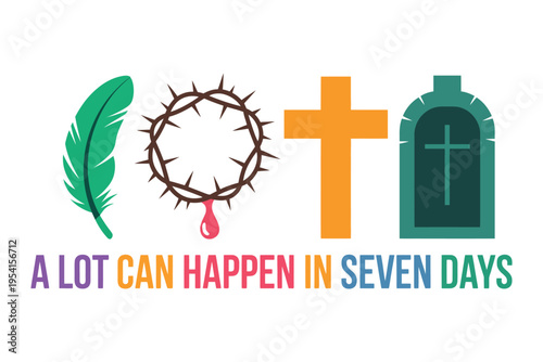 A colorful Easter graphic with a feather, crown of thorns, cross, and tombstone, symbolizing the Christian holiday.
