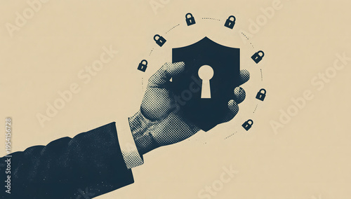 Hand holding a shield with a keyhole. Cyber security.
