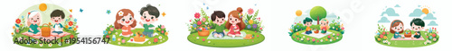 vector of children having a simple picnic in the park during spring