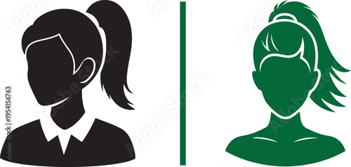 Vector icons of two female silhouettes with ponytails; a black side-facing view in a collared shirt and a green front-facing silhouette, separated by a vertical line.