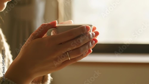 Close Up Hands Holding a Cup in Quiet Morning Light.