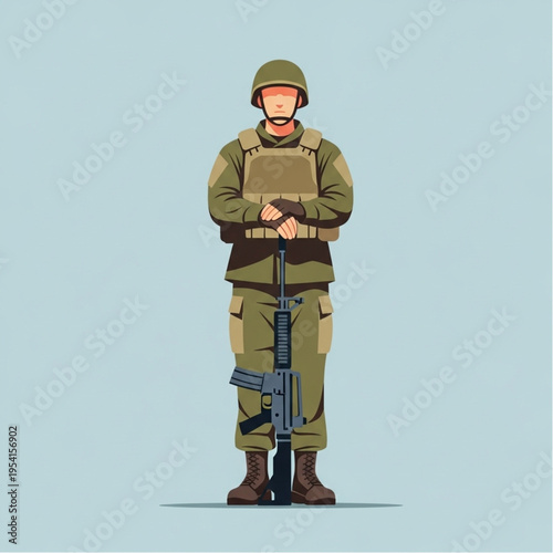 Soldier Standing with Rifle at Attention.