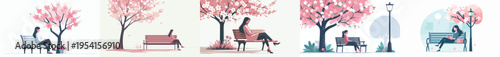 vector of a woman sitting on a park bench in spring