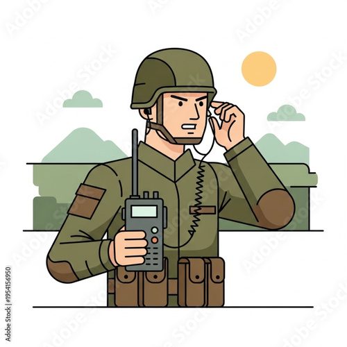 Soldier Using Radio Communication Device.