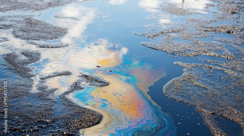 Vibrant Oil Spill Reflections on Water Surface with Shimmering Waves