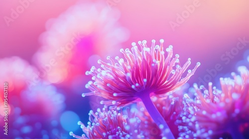 Vibrant pink and purple coral pulsating with bioluminescent details in a dreamy underwater seascape