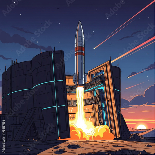 Space Rocket Launching from Tower Structure.