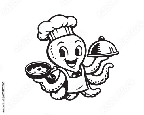 Smiling octopus chef character preparing delicious seafood cuisine mascot illustration