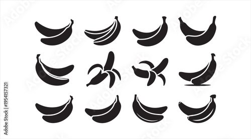 Simple banana shapes collection flat black tropical fruit illustration for food design