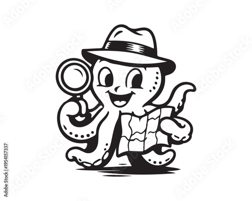 Smiling Octopus Character in Detective Fedora Hat Holding Magnifying Glass and Map for Exploration