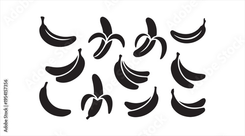 Banana silhouettes black vector pattern set whole and peeled fruit minimalist icons
